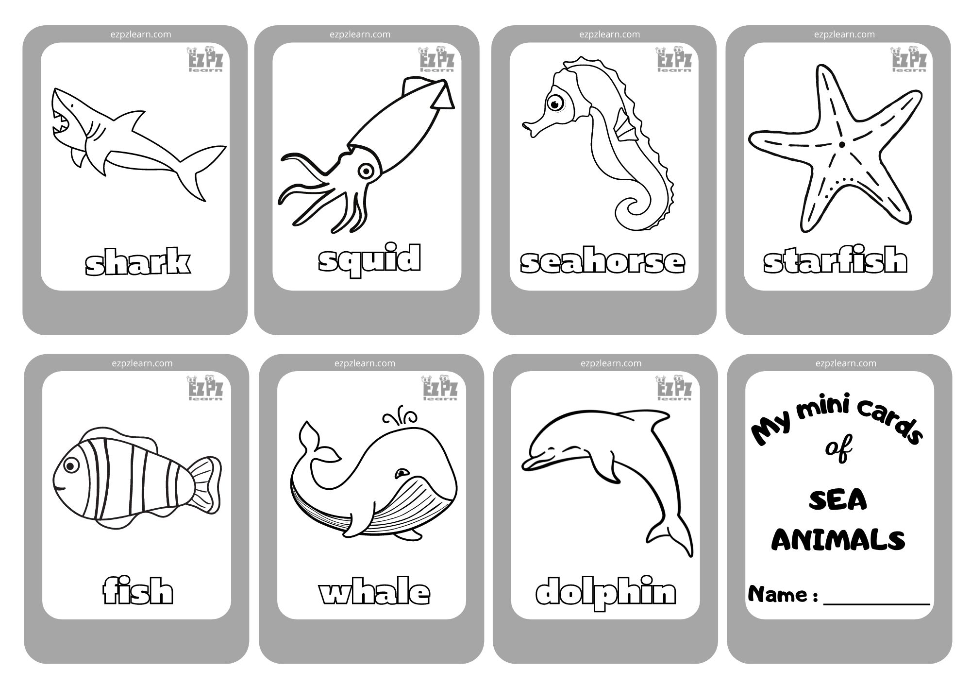 Sea Creatures Mini Cards Coloring